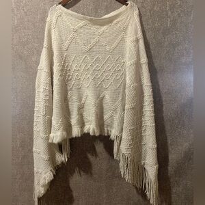 Vintage Cable Knit Cream Sweater Poncho with Fringe